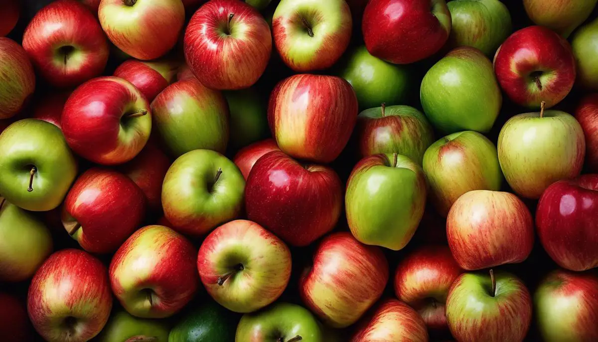 A close-up image of vibrant red and green Honeycrisp apples, showcasing their crisp texture and attractive color.