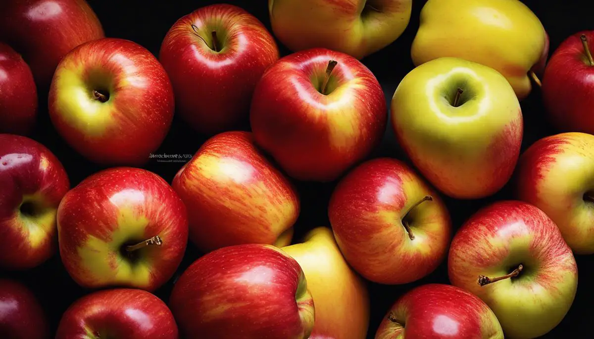 A close-up image of ripe Honeycrisp apples, showcasing their vibrant red and yellow colors.