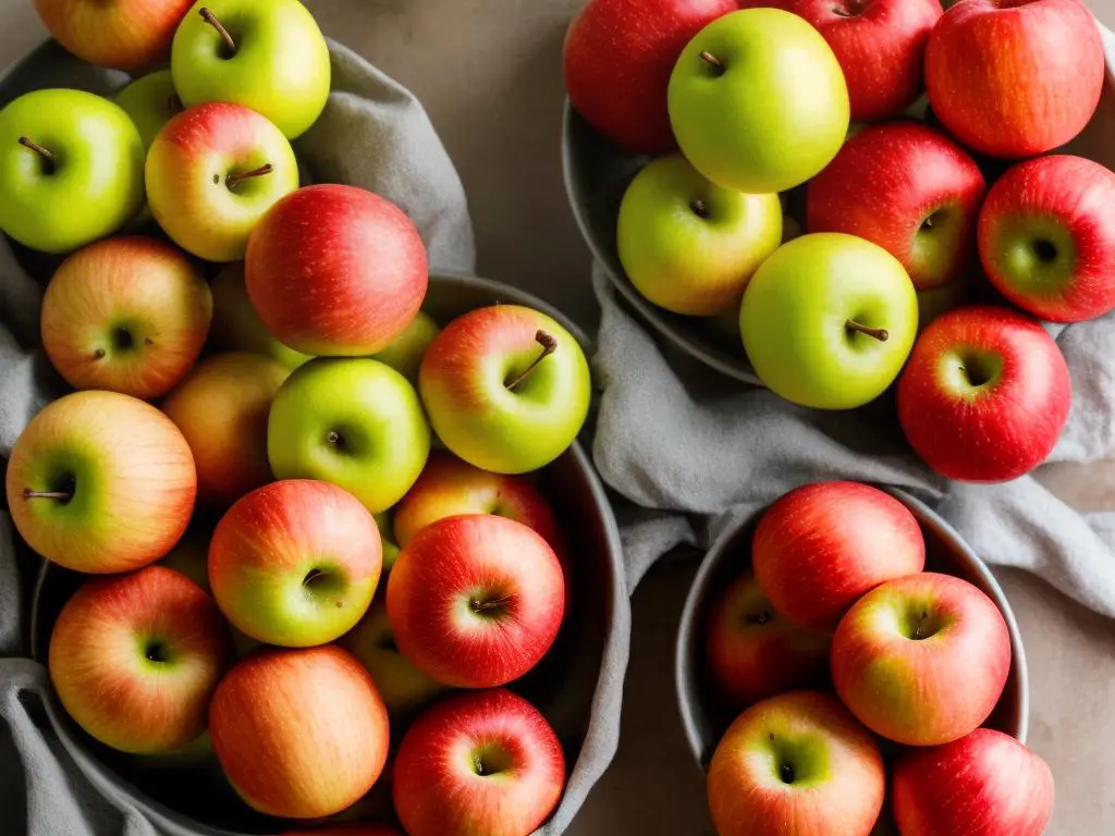 Bowl of Honeycrisp apples, with a few cut in half, showing the bright and crisp flesh inside