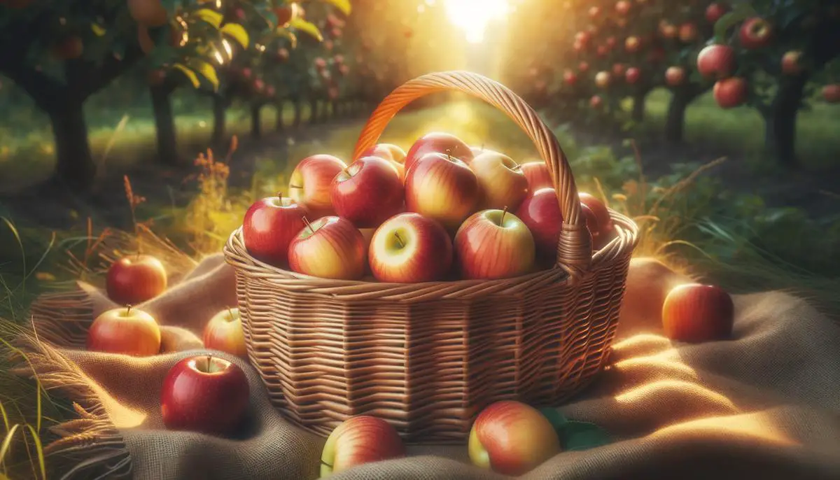 Wicker basket filled with shiny red and yellow Honeycrisp apples