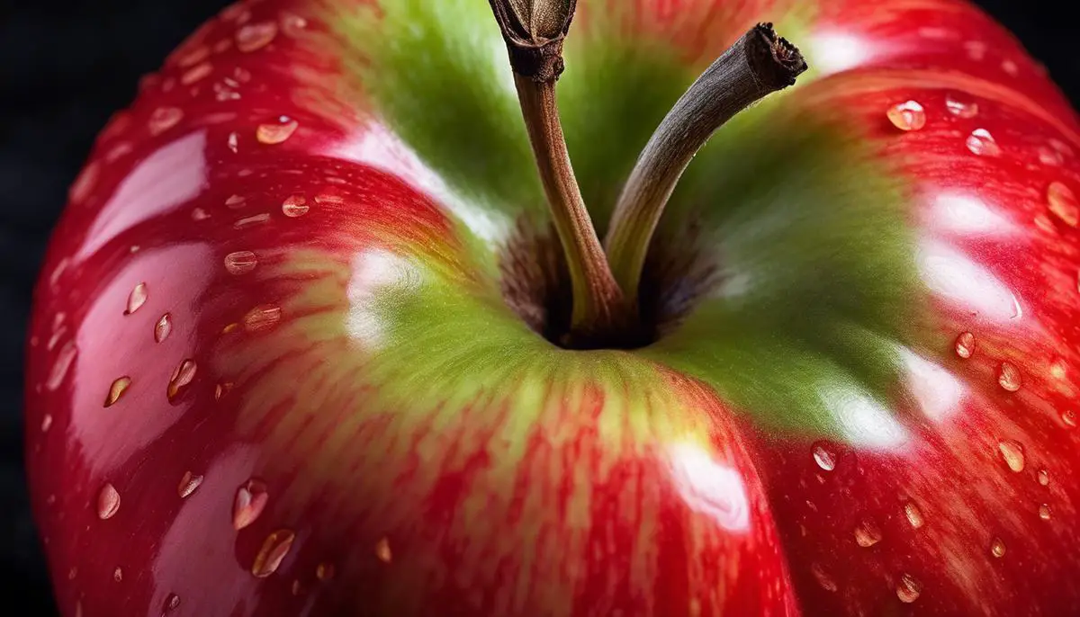 A close-up image of a Honeycrisp apple, showcasing its vibrant red and green colors and its crisp texture