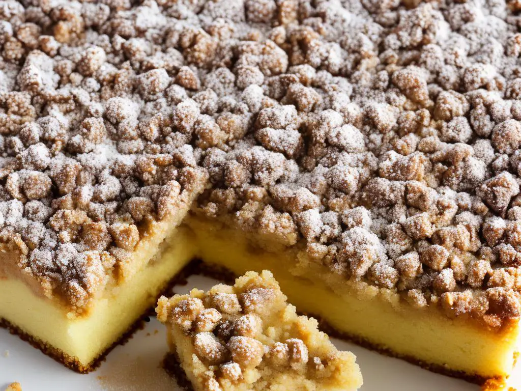 A close-up image of Honeycrisp apple crumb cake with streusel topping, garnished with powdered sugar. The cake is light and crumbly and looks delicious and enticing.