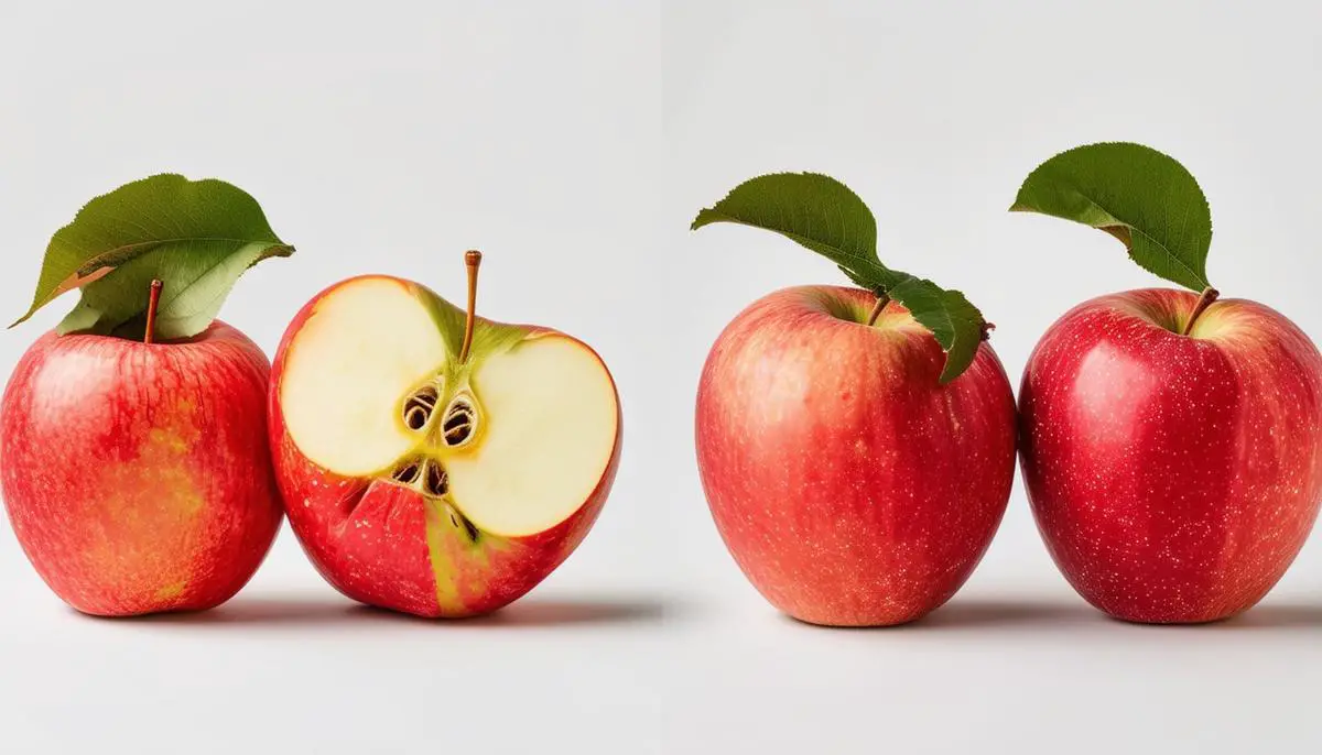 Side-by-side comparison of Honeycrisp and Cosmic Crisp apples, whole and cut in half, showcasing their distinct characteristics