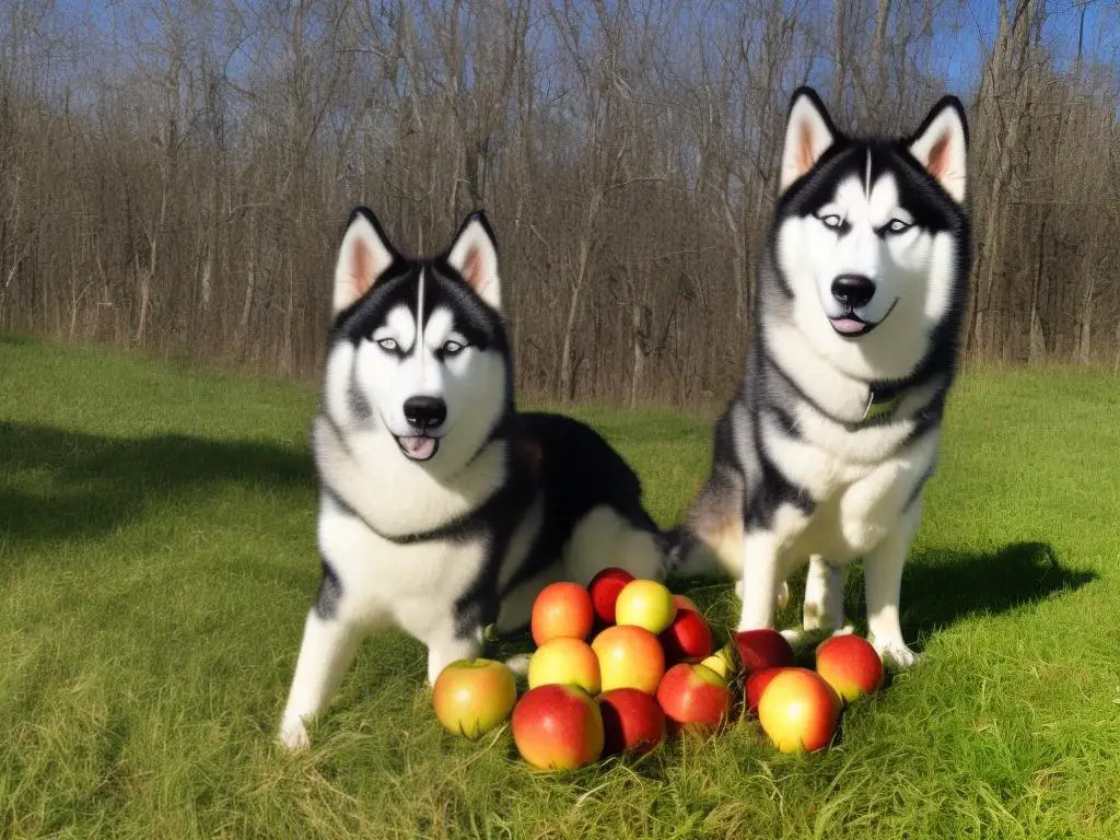 A picture of a happy husky outdoors with a bowl of dog food and apples in the background, representing a balanced diet for huskies.