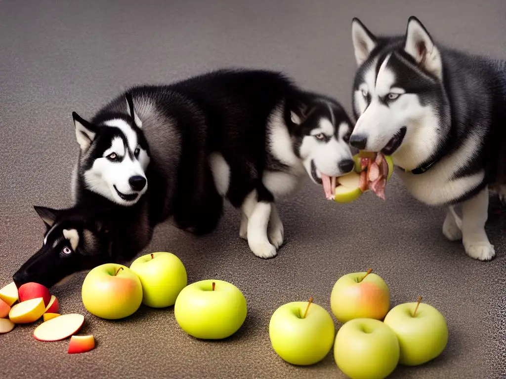 A picture of a husky eating a sliced apple, showcasing the proper way to prepare apples for dogs.