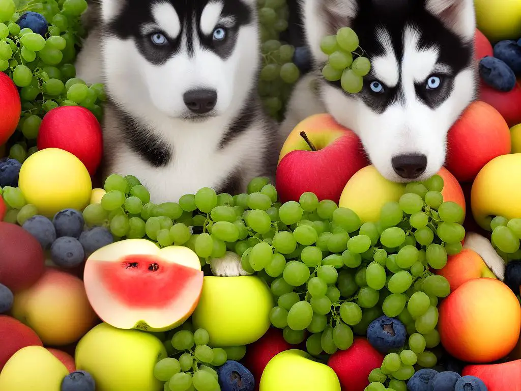 A cartoon drawing of a happy husky sitting and surrounded by different kinds of fruits such as apples, blueberries, watermelon, mangoes, and bananas.