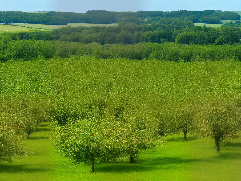 Rows of apple trees in a sunny field with green hills in the background, perfect for a day outside in Illinois