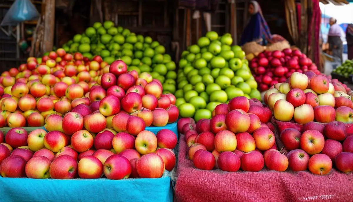 A market stall displaying both local Kashmiri apples and imported varieties, highlighting the competition faced by local farmers