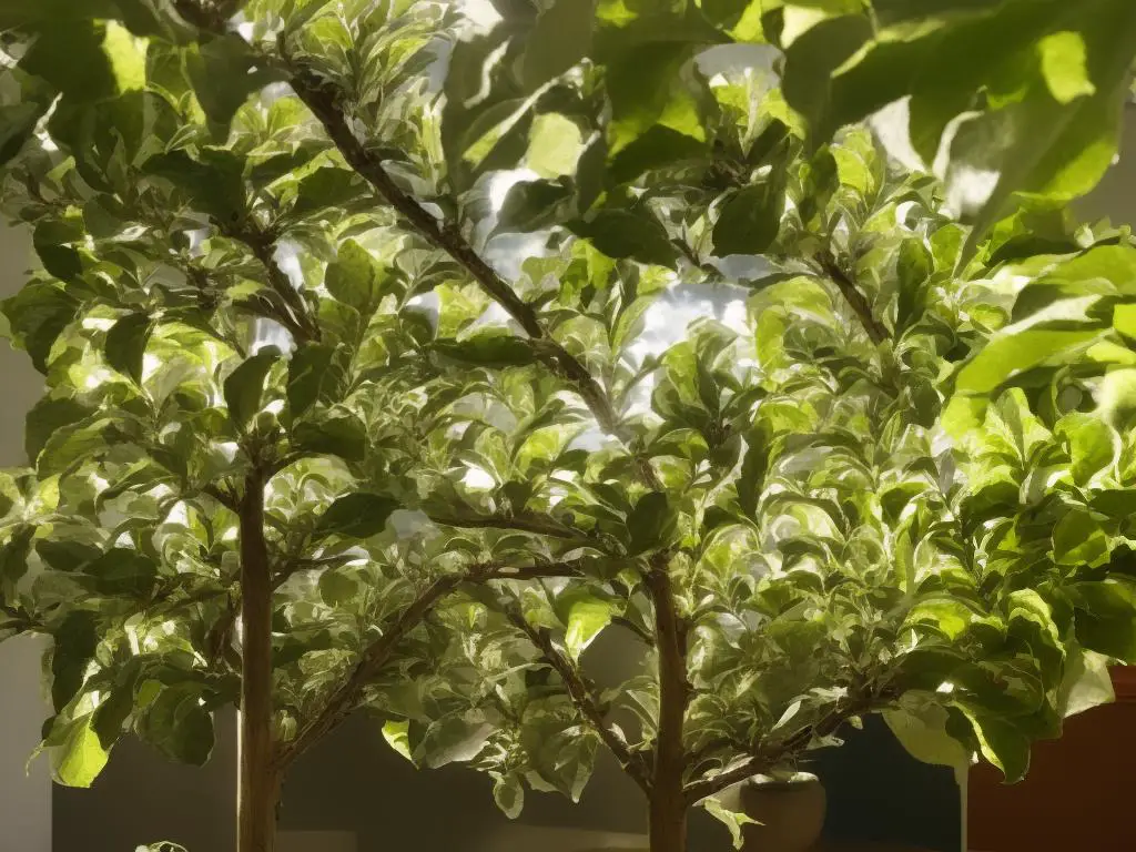 An image of an indoor apple tree growing under a grow light.