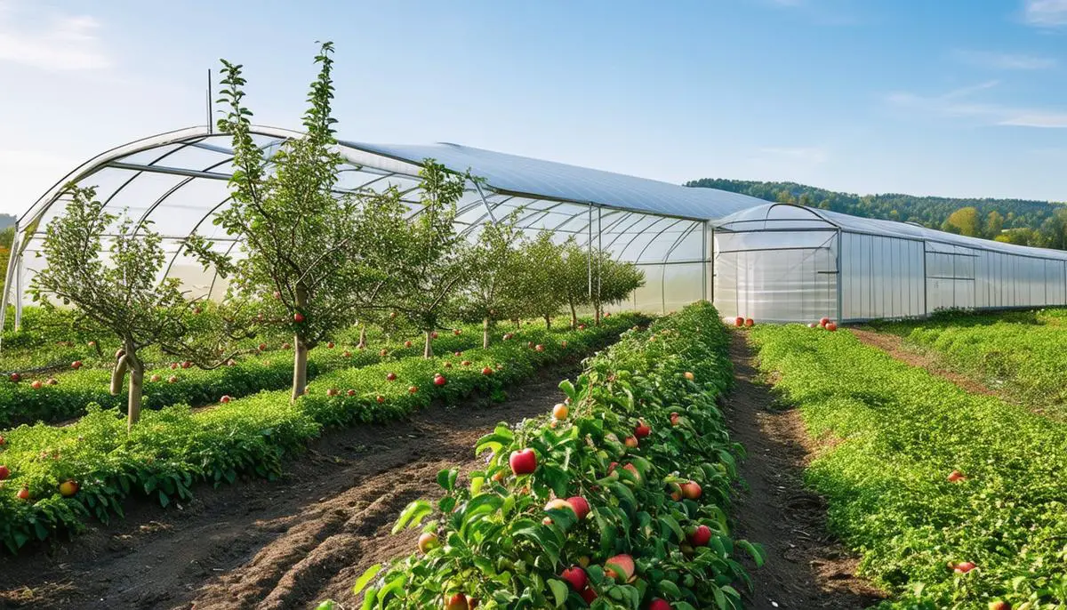 Showcase of modern apple farming adaptation strategies, including cooling systems, cover crops, and high tunnels