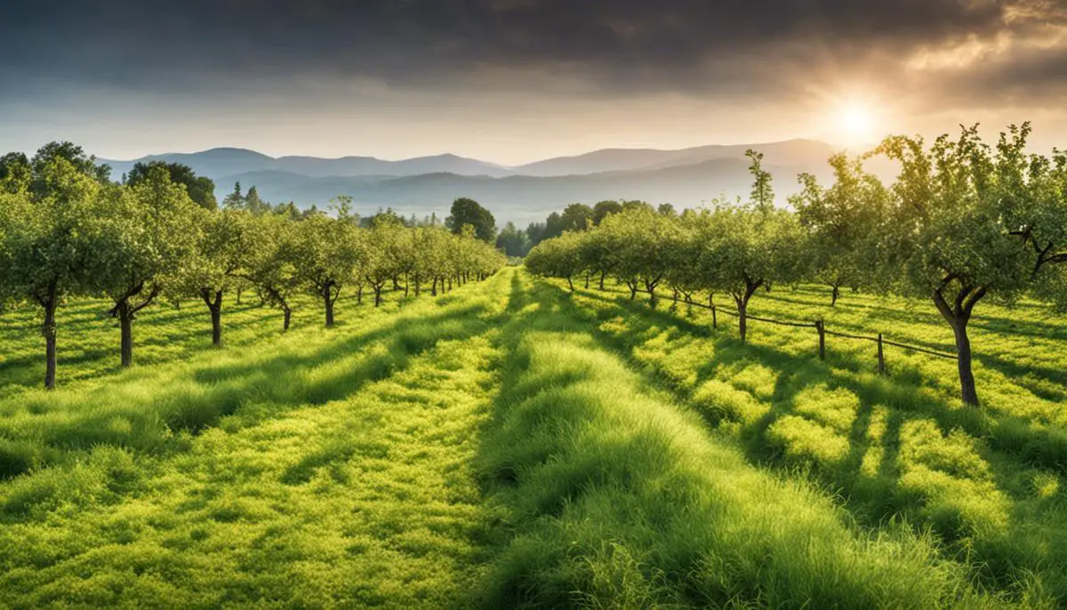 Image depicting a thriving apple orchard with neatly aligned rows of healthy apple trees surrounded by lush green foliage.