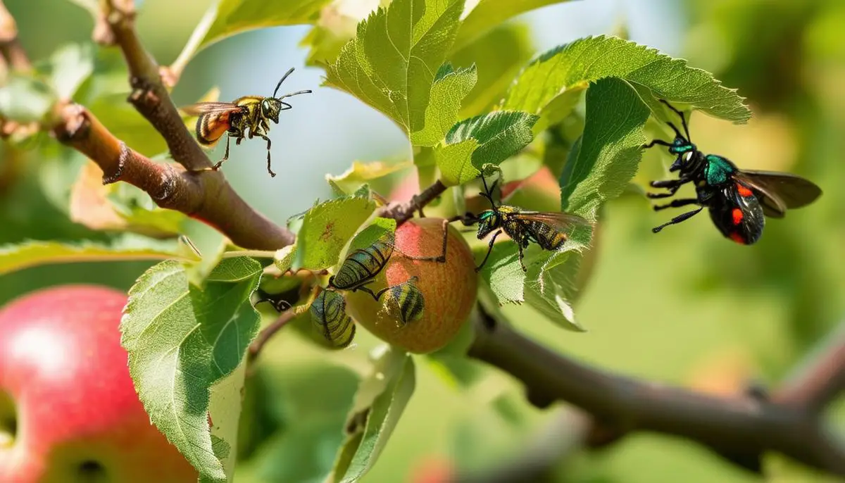 A close-up view of an apple tree branch with beneficial insects controlling pests, demonstrating Integrated Pest Management in action