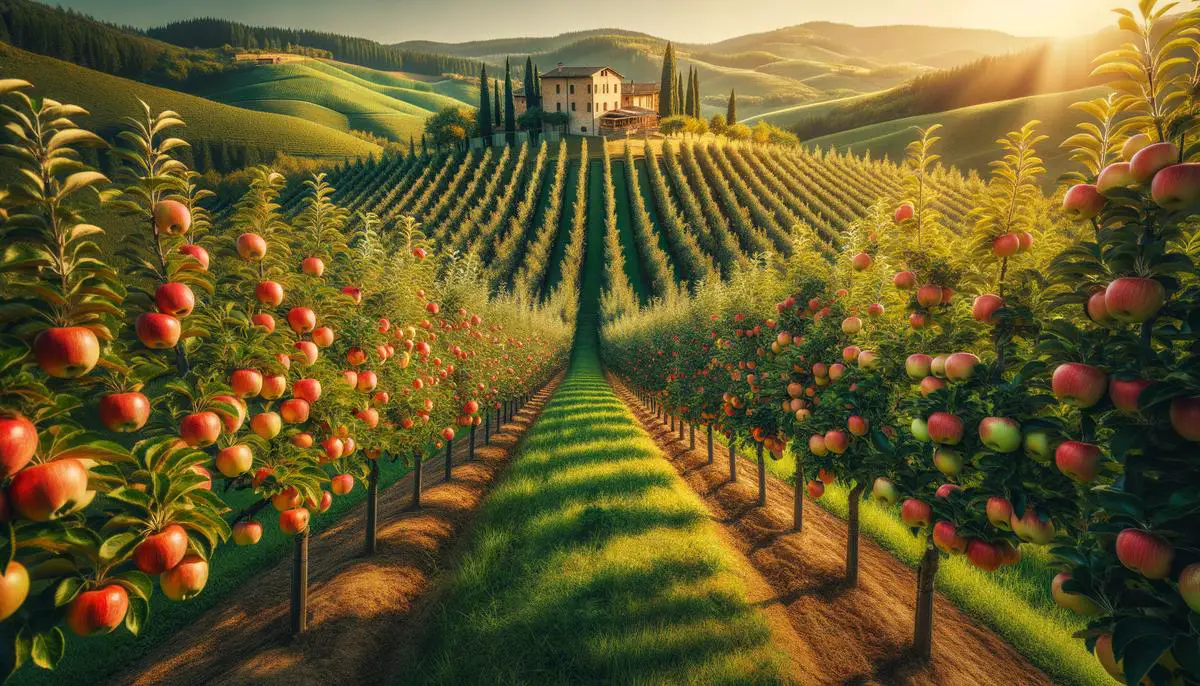 Photo of a picturesque Italian apple orchard with rows of apple trees, rolling green hills, and a rustic farmhouse in the background on a sunny day.