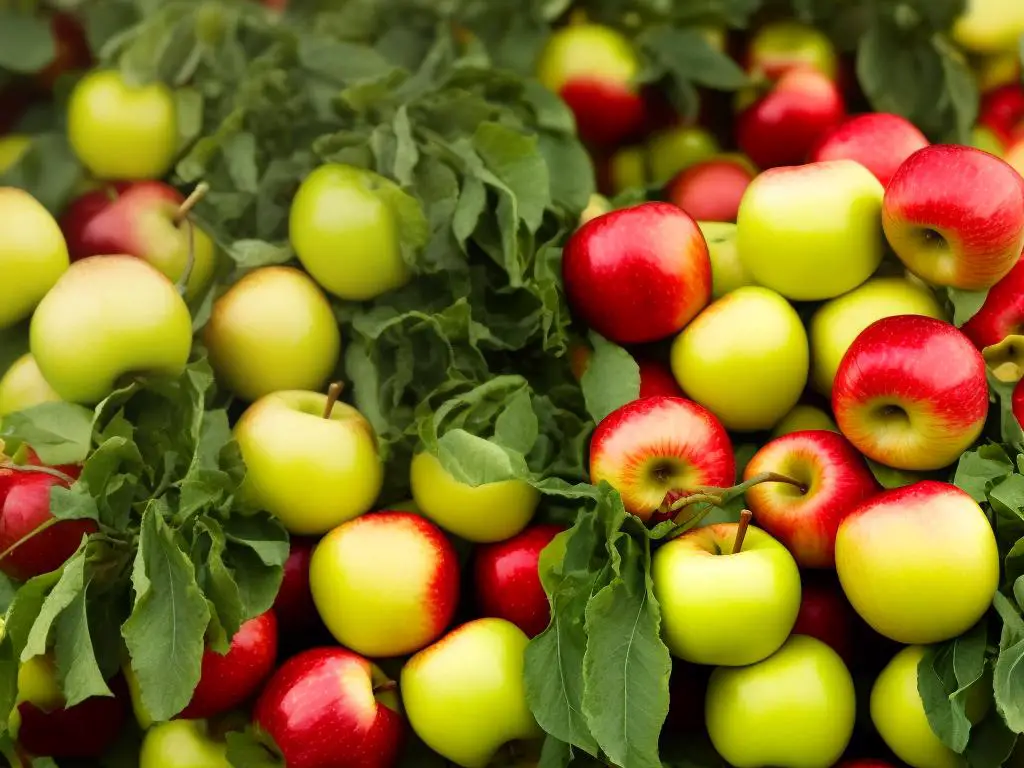 A basket of Jazz apples, showing their vibrant red and yellow skin, with a green leafy background.