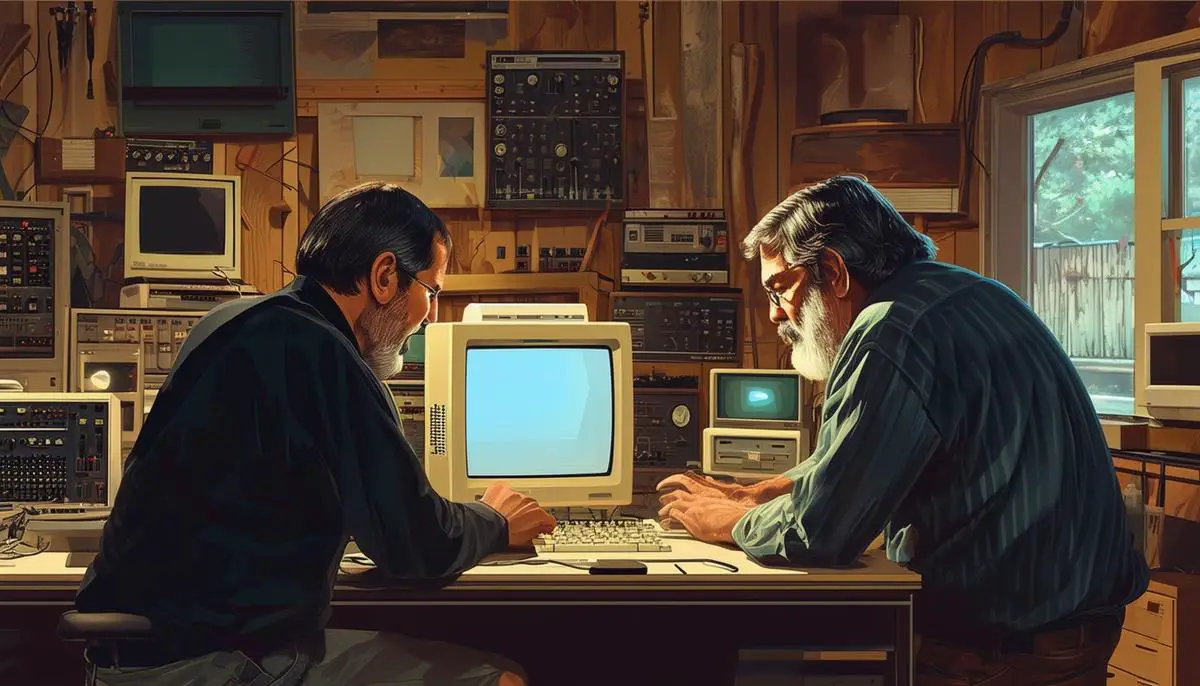 Steve Jobs and Steve Wozniak in their younger days, working on an early Apple computer in a garage