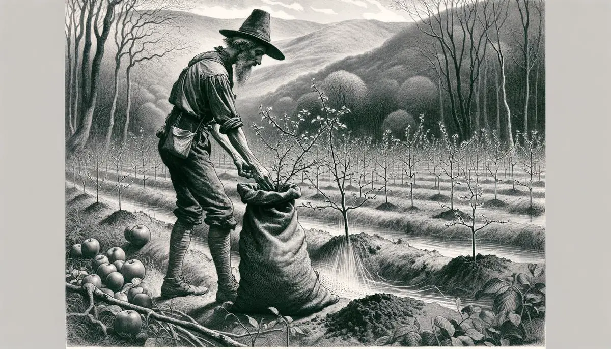A realistic depiction of Johnny Appleseed planting apple trees in the frontier