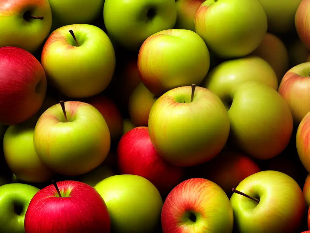 Image of Jonagold apples, showing their yellow and green skin with hints of blush red, reflecting their unique taste and interior texture.