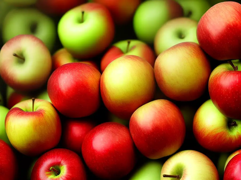 A close-up image of Jonagold apples, showcasing their blend of green and red hues.