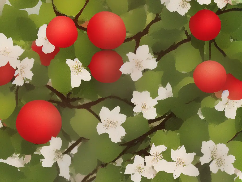 An illustration of a medium-sized tree with leaves, white and pink blossoms, and small round apples with a red blush over a green base.