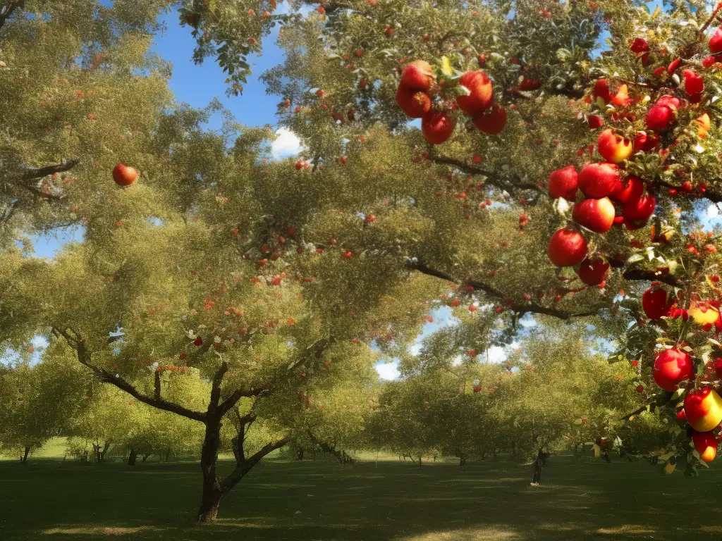 A picture of a Jonathan apple tree with red and yellow apples hanging from the branches.