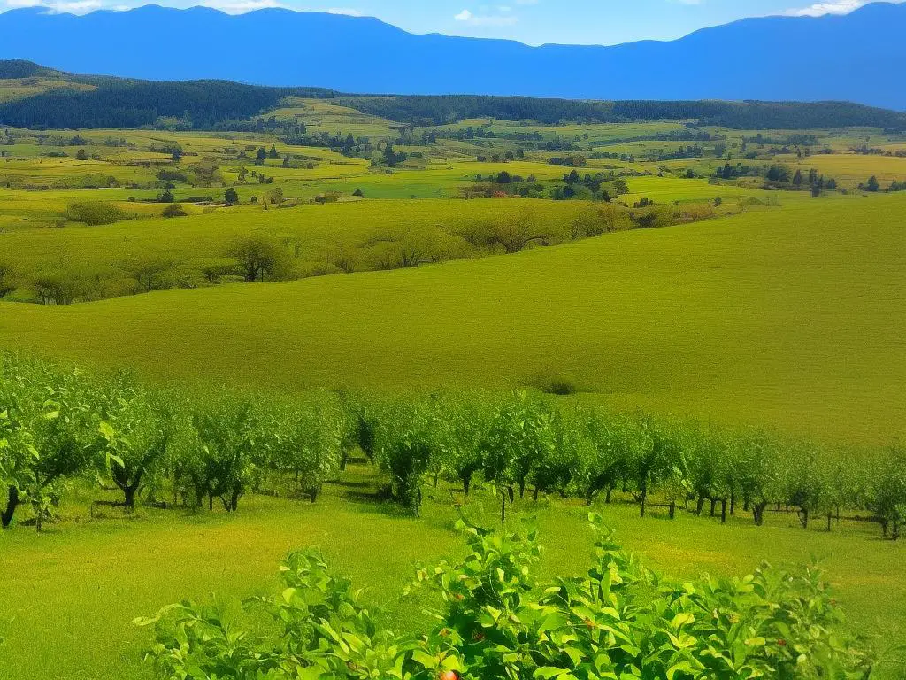 A scenic view of an apple orchard on a sunny day with rows of apple trees stretching towards the mountains in the distance.