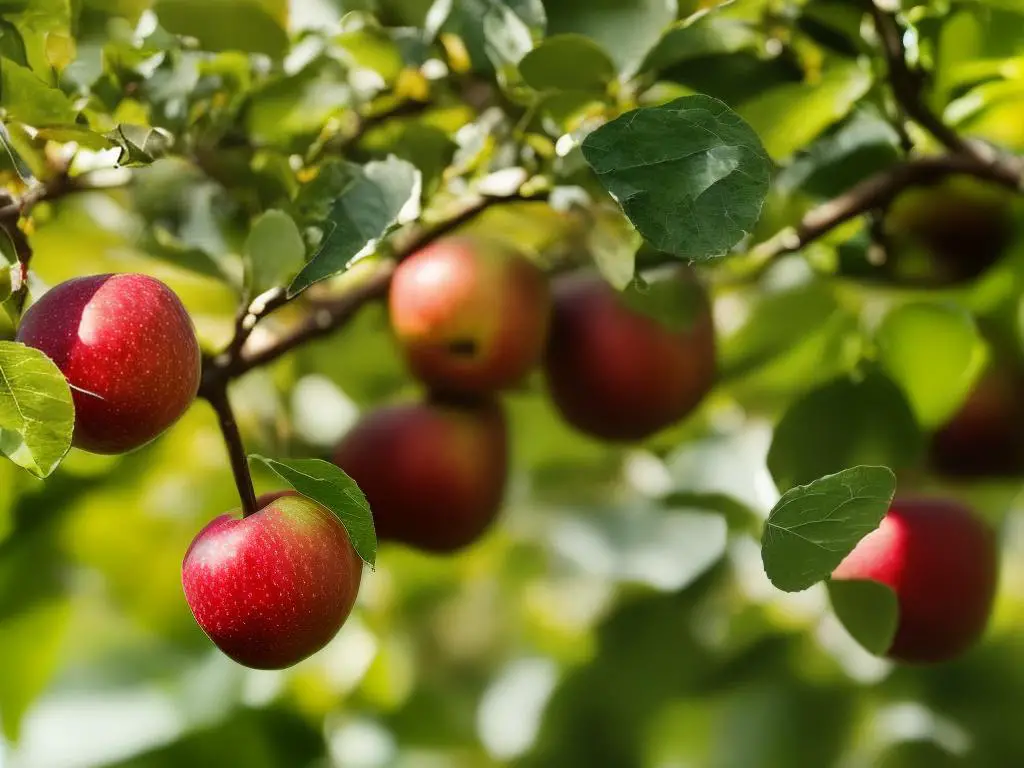 A close-up image of a Kanzi apple showing its vibrant red and yellow skin, with a cut revealing the dense flesh and juiciness of the apple.