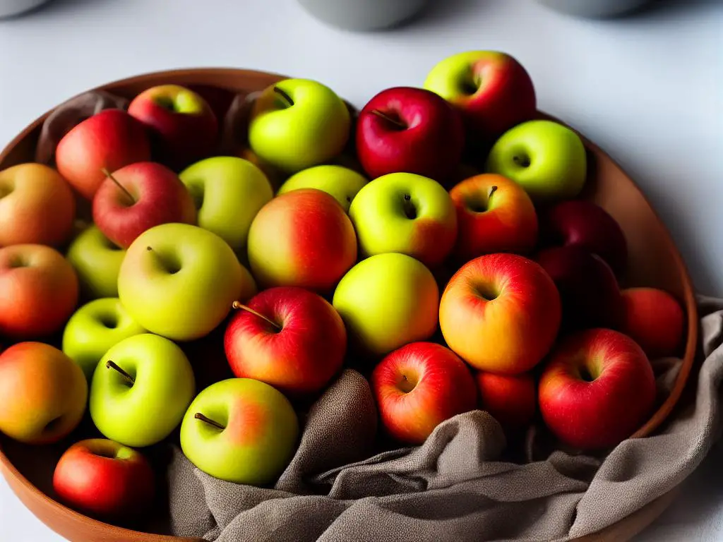 A bowl filled with fresh Kiku apples, displaying their vibrant colors and flawless appearance.