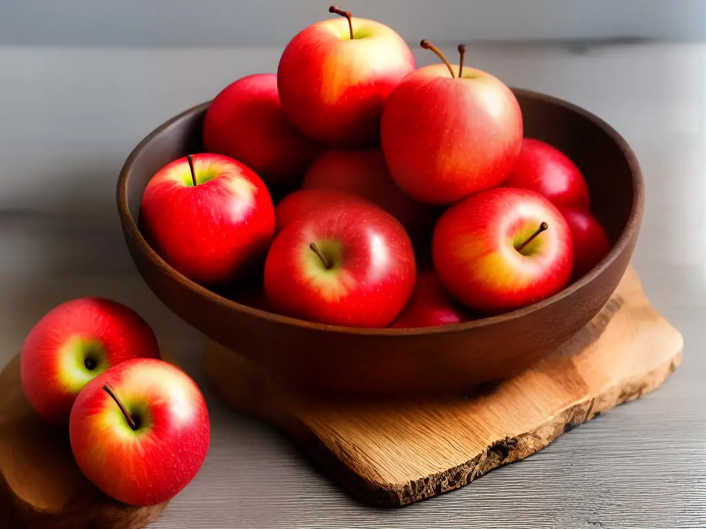 Image of a bowl of red Kiku apples on a wooden table