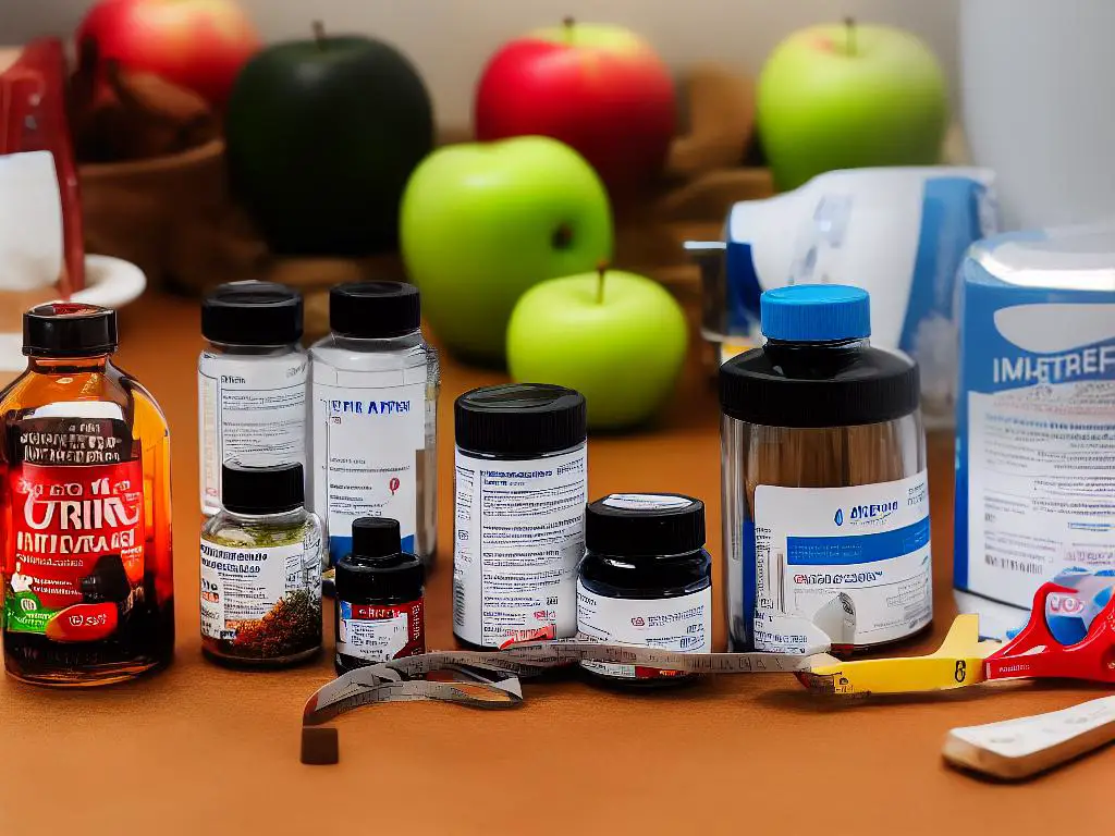 An image showing two supplement bottles, one for L-Carnitine and one for apple cider vinegar, next to each other with an apple and a measuring tape in the background.