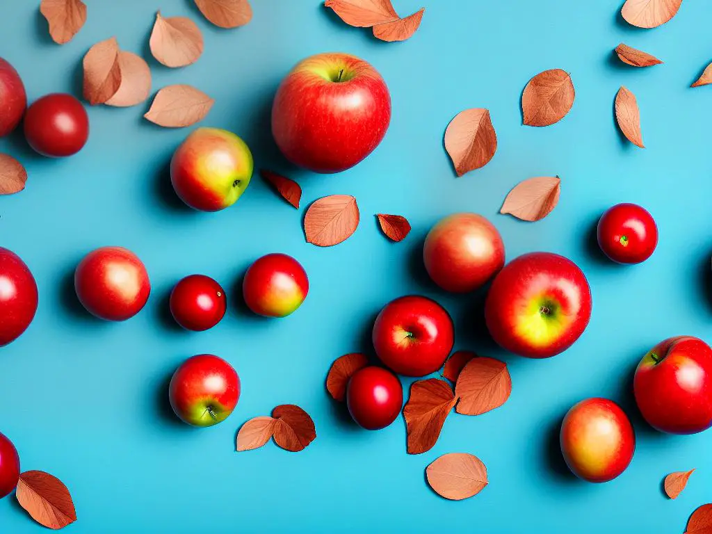 A photo of a marbled red Lady Alice Apple on a light blue background.