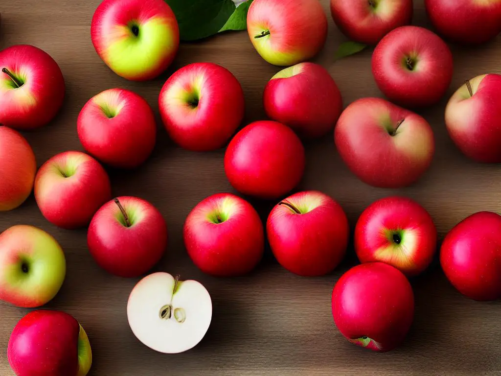 Picture of Lucy Rose Apples on a wooden table, showcasing their vibrant red skin and white flesh.