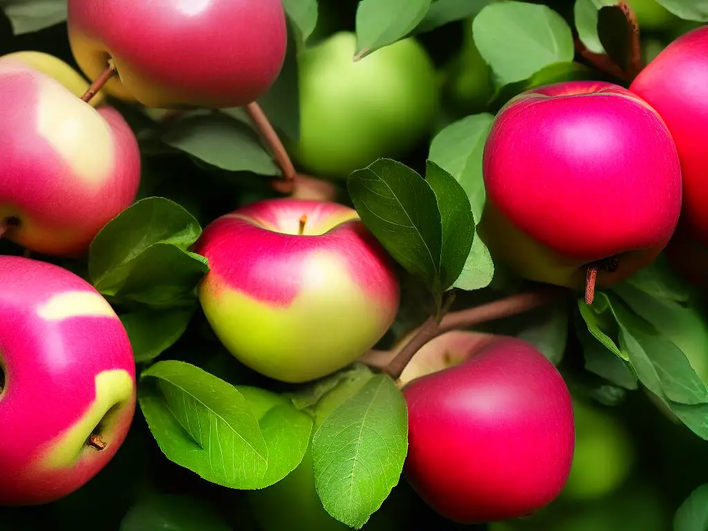 A close-up photo of a ripe Lucy Rose Apple showing its pink flesh and multicolored skin.