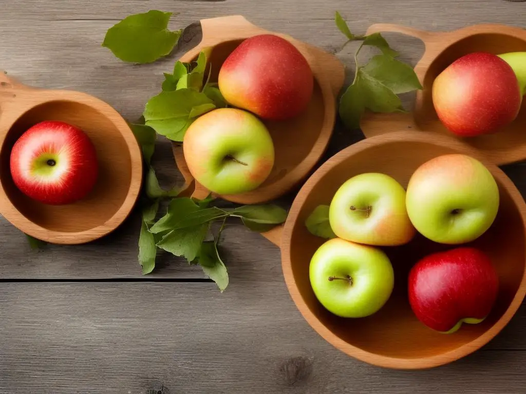 Image of Lucy Rose apples displayed in a wooden bowl on a kitchen counter