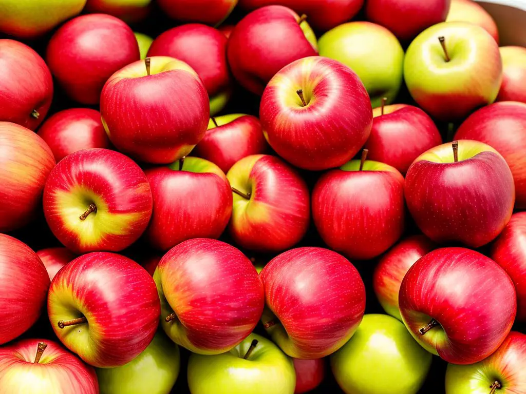 A photo of vibrant Lucy Rose apples with pinkish-red and white flesh, showcasing their unique appearance and coloration.