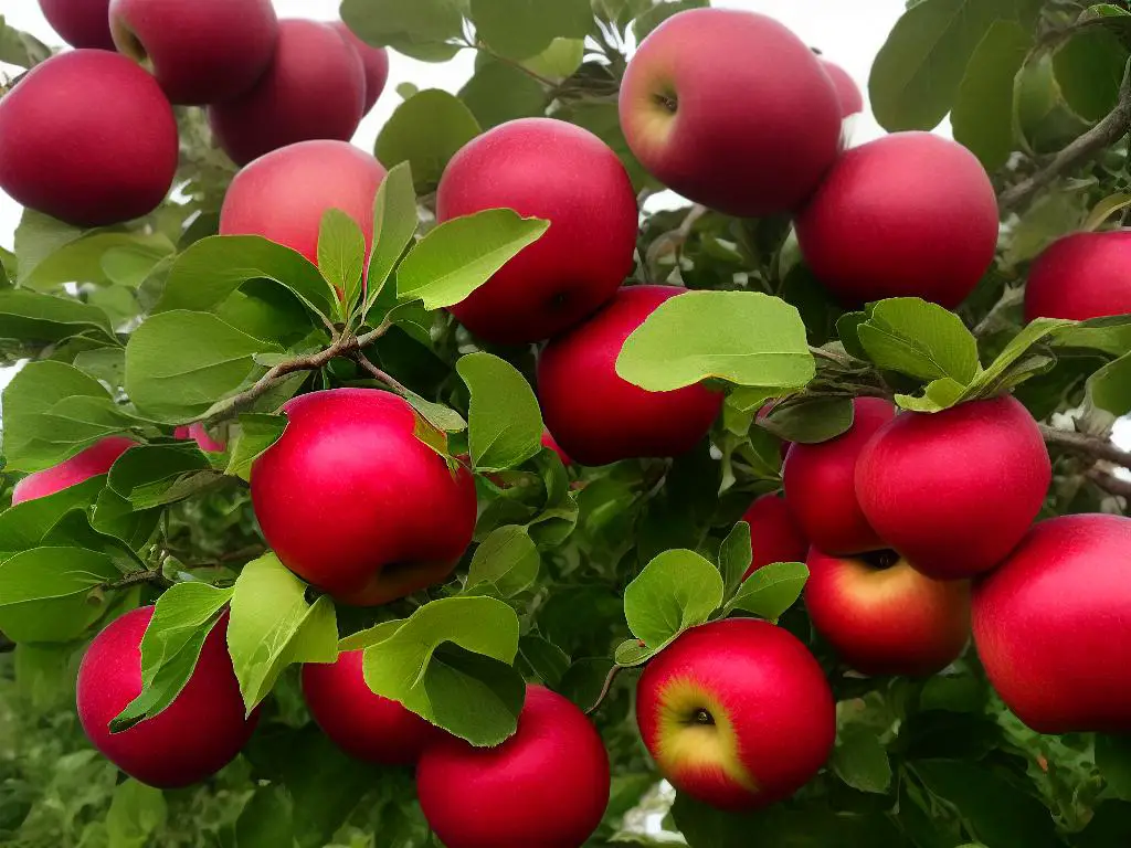 A photo of Lucy Rose apples. They are pink-red in color, with the flesh of the apple matching the vibrant color of its skin.