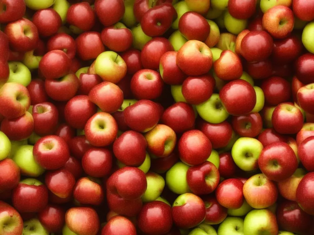 A photo of Ludacrisp apples. The apples are red and have a glossy appearance. Some of them have small yellow dots on the surface.