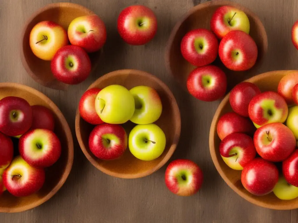 Ludacrisp apples in a wooden bowl, showcasing their vibrant blend of red, orange, and yellow hues.