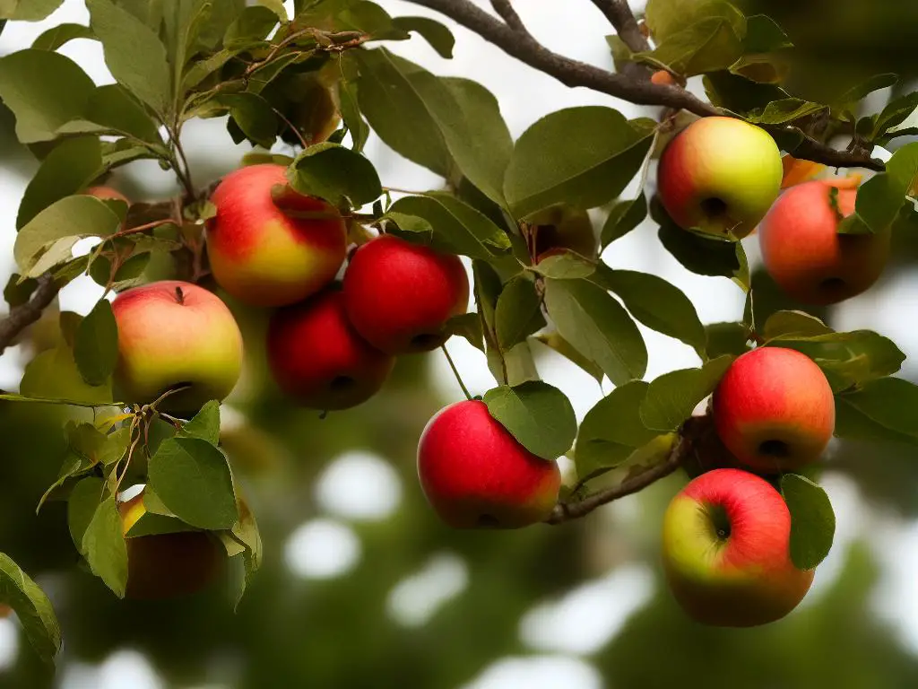 A bunch of ripe Macoun apples on a tree branch