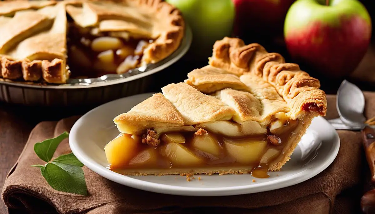 A delicious Marie Callender's apple pie, with a golden-brown crust and a luscious apple filling.