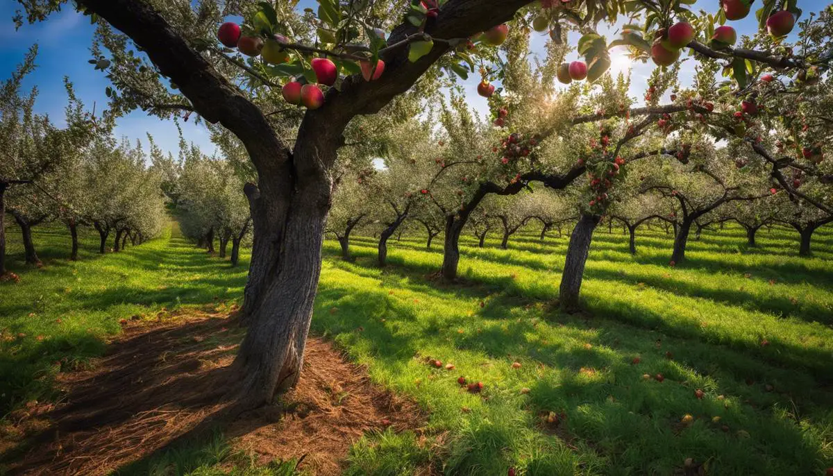 A picturesque image of an apple orchard in Maryland, with trees full of ripe apples ready for picking.