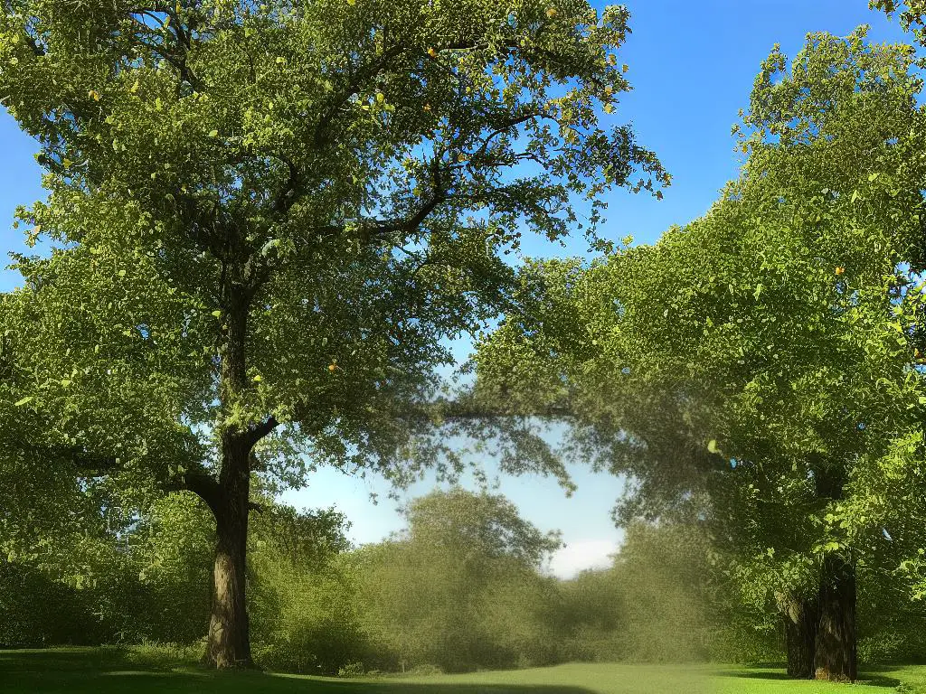 A tall apple tree with rough, gray-brown bark and a full canopy of dark green leaves.