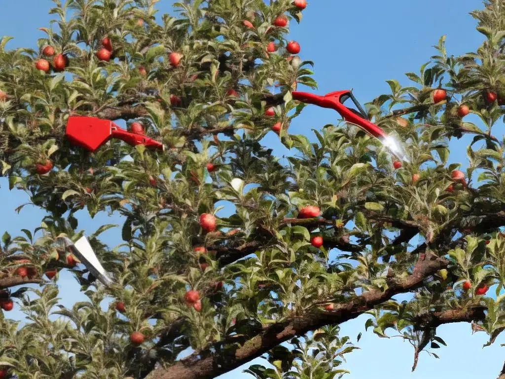 A person using sharp pruning shears to remove a dead branch from a mature apple tree.