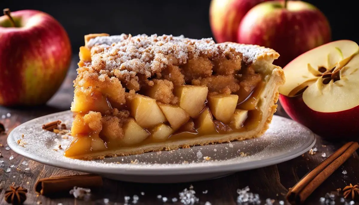 Image of a decadent McDonald's apple pie with a golden crust, topped with sugar crystals, and sprinkled with cinnamon. The pie is cut into a triangular shape, revealing the delicious apple filling inside.