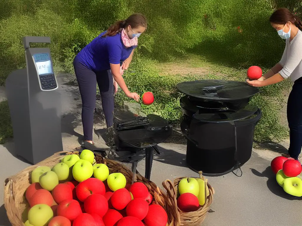 A woman using a digital scale to weigh red apples