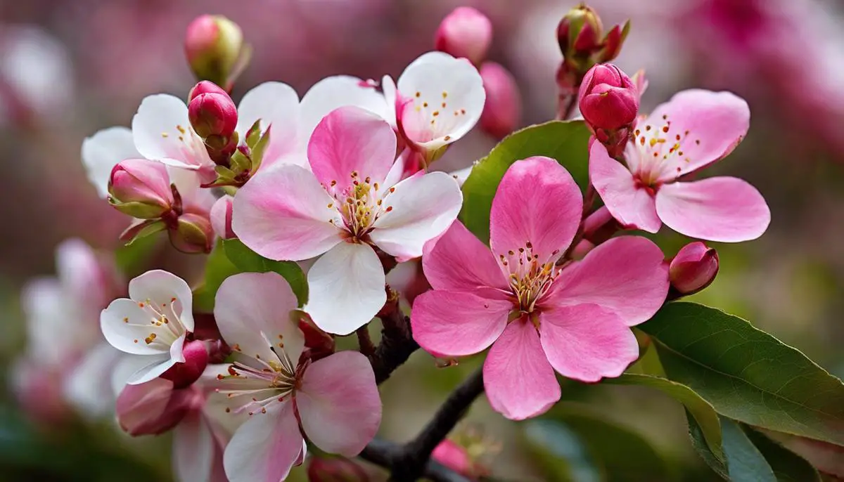 A close-up image of a Mexican apple tree with pink and white flowers, showcasing its natural beauty.