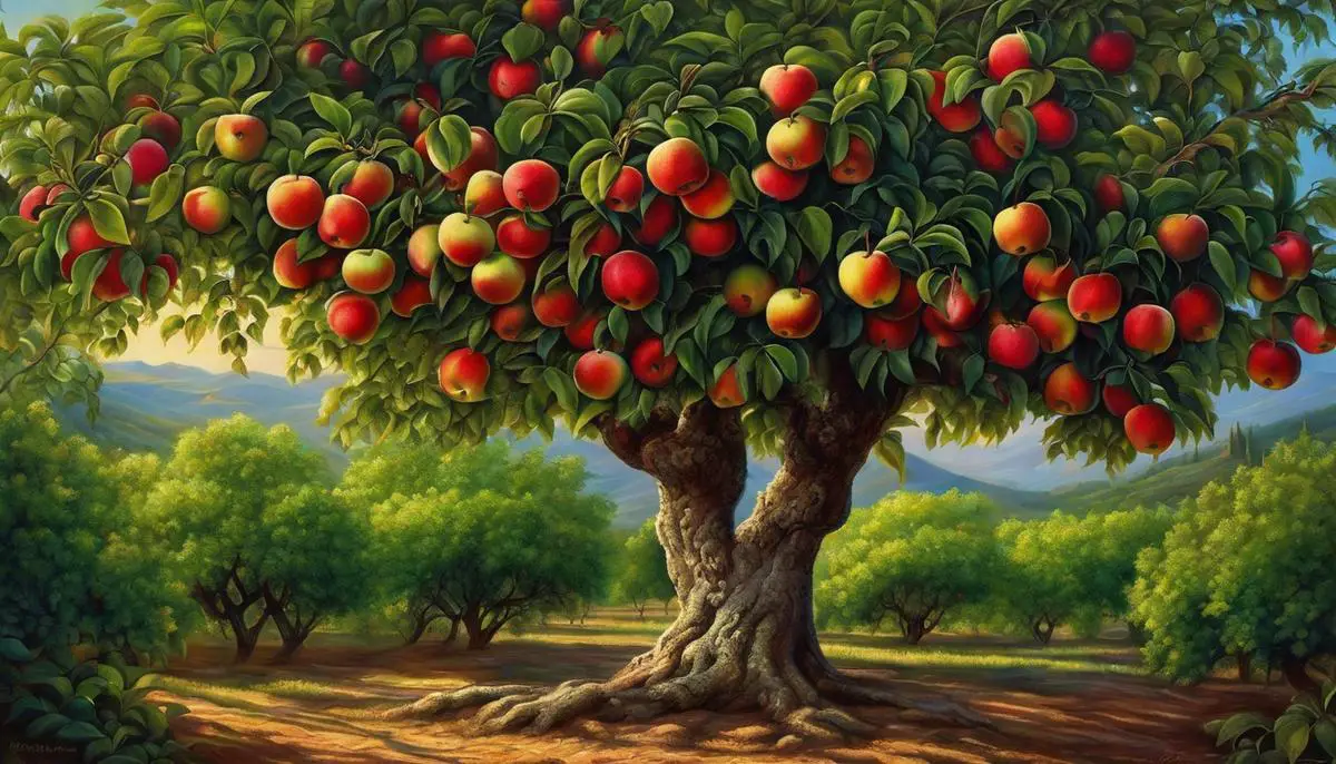A vibrant image of a thriving Mexican apple tree surrounded by lush green foliage and ripe apples hanging from its branches.