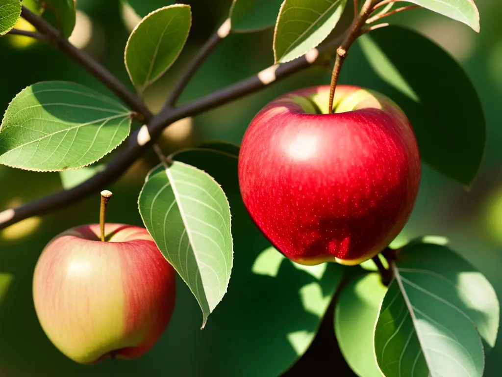 A ripe MiApple apple with a glossy red skin and a perfectly round shape