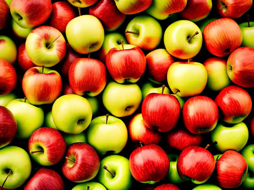 A close-up image of MiApple apples with a mix of red, green, and yellow colors.