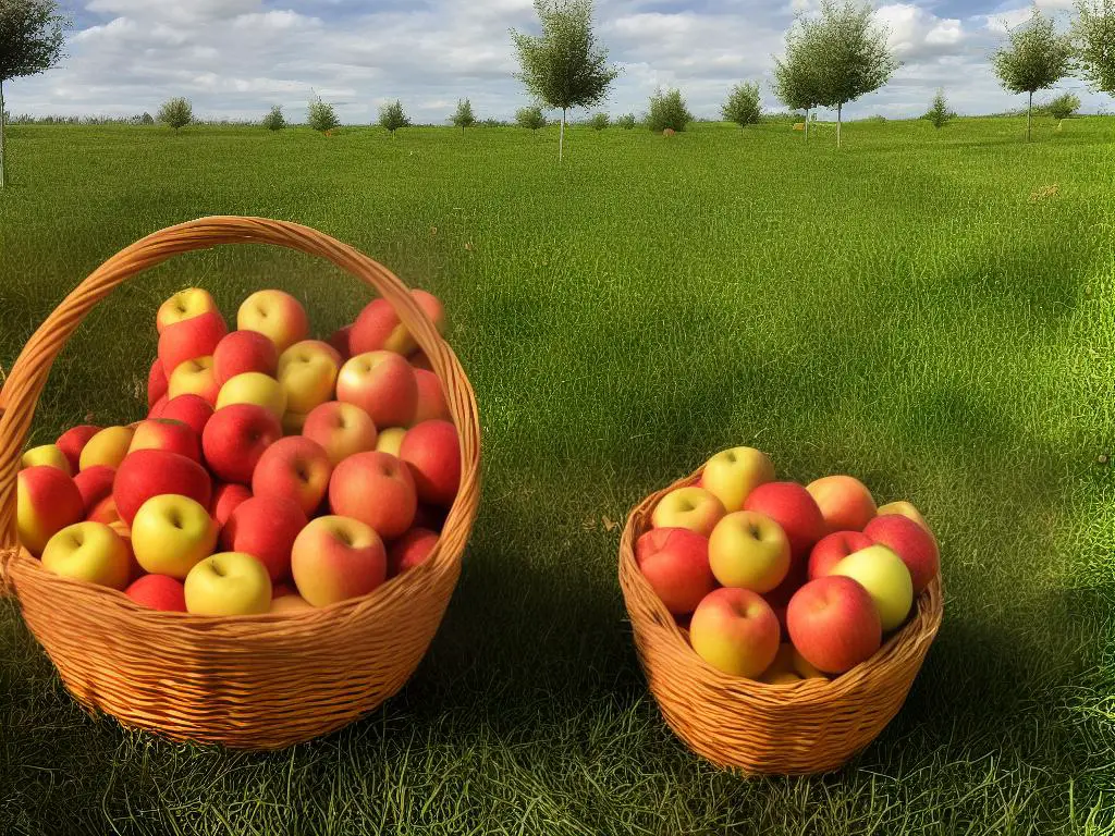 A basket of apples with a backdrop of an apple orchard in Michigan.