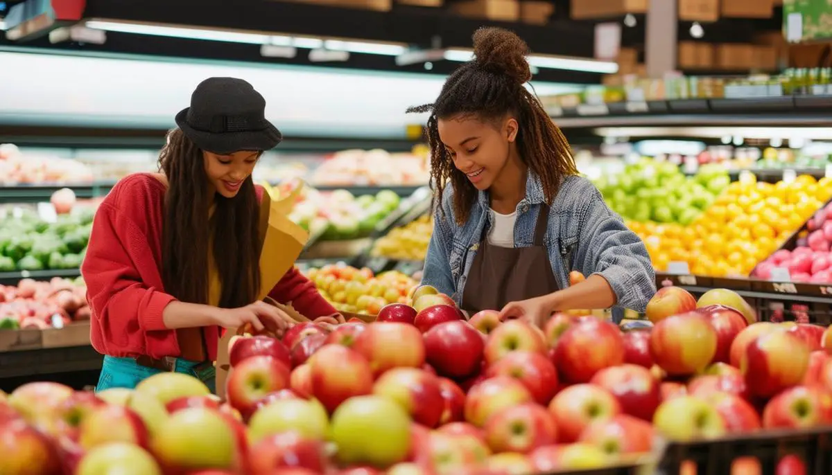 Young, diverse Millennial and Gen Z shoppers selecting organic apples in a grocery store